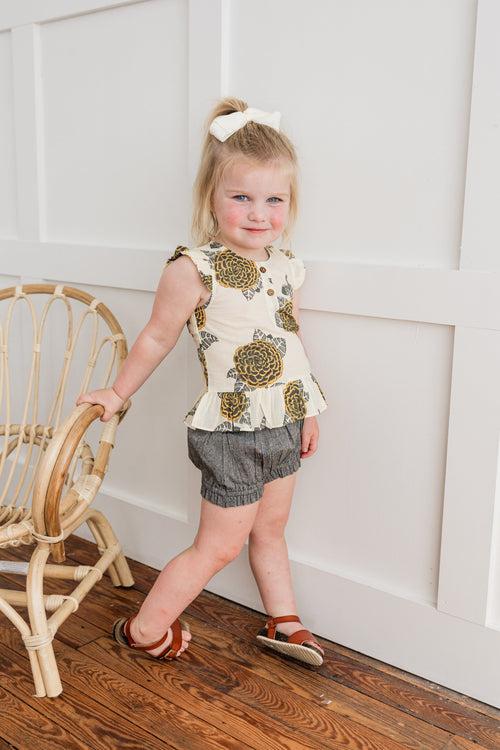 Mustard & Grey Floral Print Sleeve Ruffled Top & Black Chambray Shorts Set