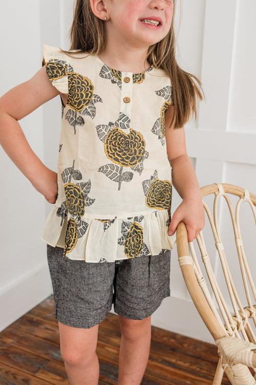 Mustard & Grey Floral Print Sleeve Ruffled Top & Black Chambray Shorts Set