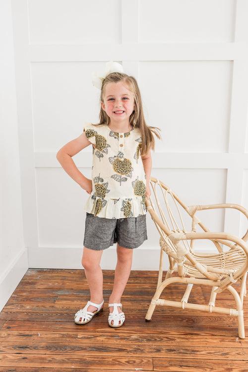 Mustard & Grey Floral Print Sleeve Ruffled Top & Black Chambray Shorts Set