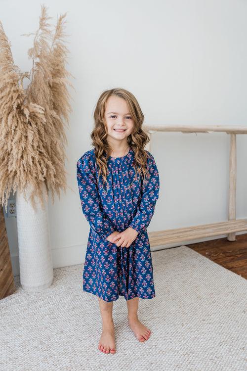 Navy Floral Print Front Pleated Dress