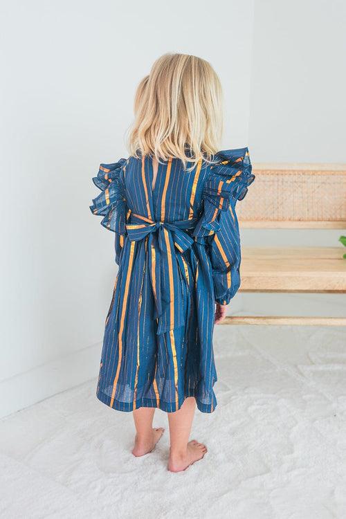 Navy & Gold Lurex Ruffle Long Sleeve Dress