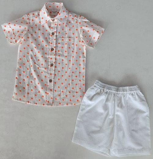 Orange Polka Dot Print Boys Shirt & White Shorts set