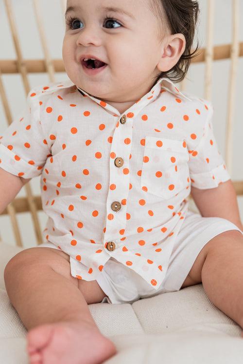 Orange Polka Dot Print Boys Shirt & White Shorts set