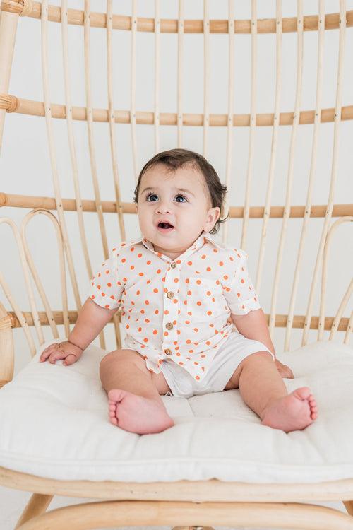 Orange Polka Dot Print Boys Shirt & White Shorts set