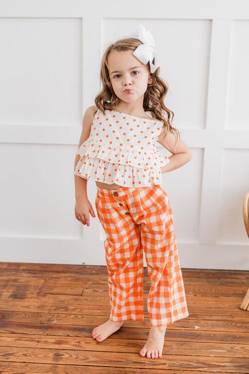 Orange Polka Dot Top & Orange Checkered Pants Set