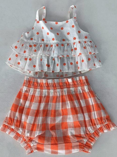 Orange Polka Dot Top & Orange Checkered Shorts Set