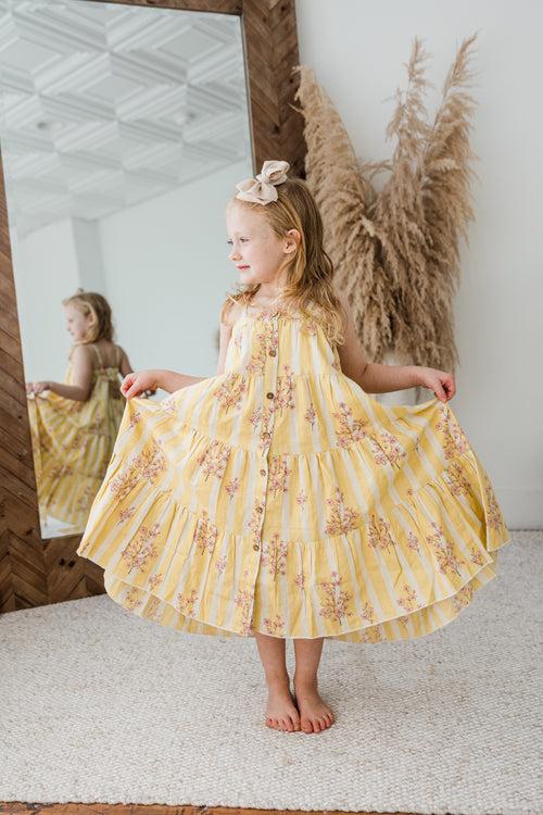 Pink & Yellow Floral Print Tiered Dress