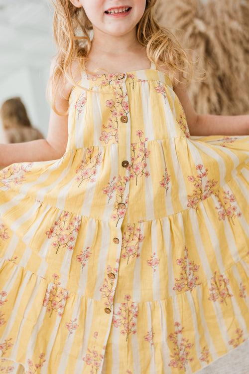 Pink & Yellow Floral Print Tiered Dress