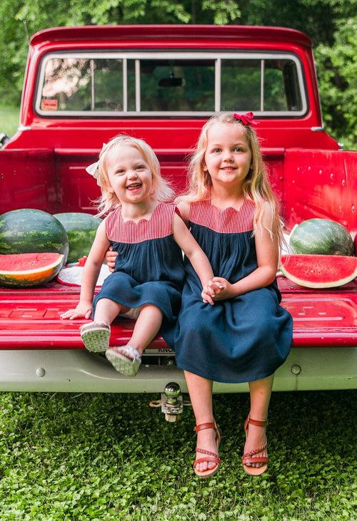 Red Stripe & Navy Sweetheart Dress