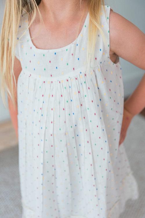 White Multicolor Dot Cotton Dobby Bottom Ruffle Dress and Bloomers