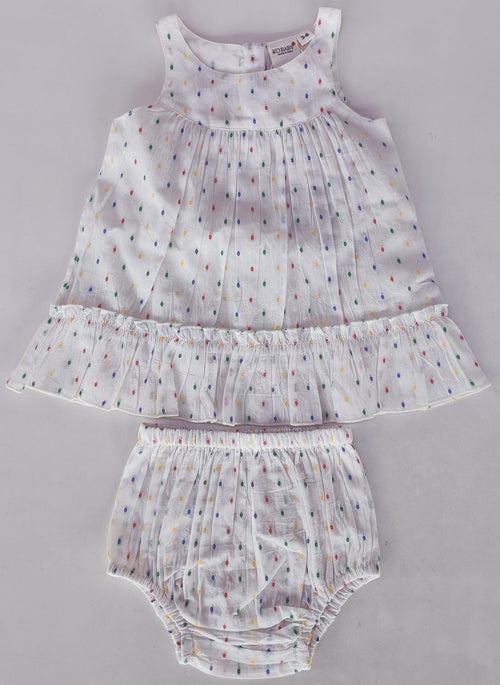 White Multicolor Dot Cotton Dobby Bottom Ruffle Dress and Bloomers