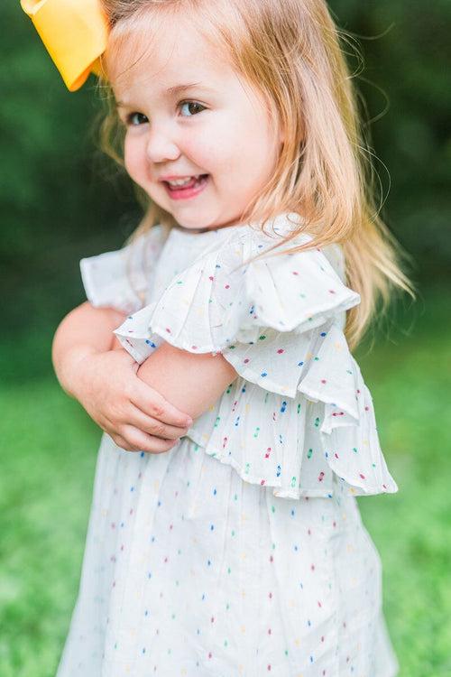 White Multicolor Dot Cotton Dobby Frill Dress and Bloomers