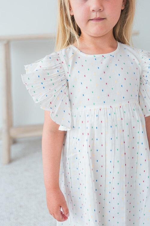 White Multicolor Dot Cotton Dobby Frill Dress