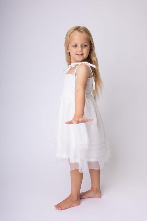 White Tulle Solid Color Ruffle Dress