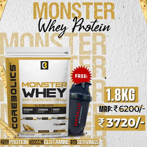 Corebolics Monster Whey - Whey Concentrate Formula 1.8 kg - (50 servings) + FREE SHAKER