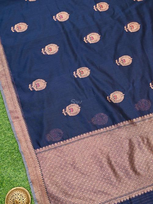 Navy Blue Meenakari Boota Chanderi Silk Handloom Banarasi Saree