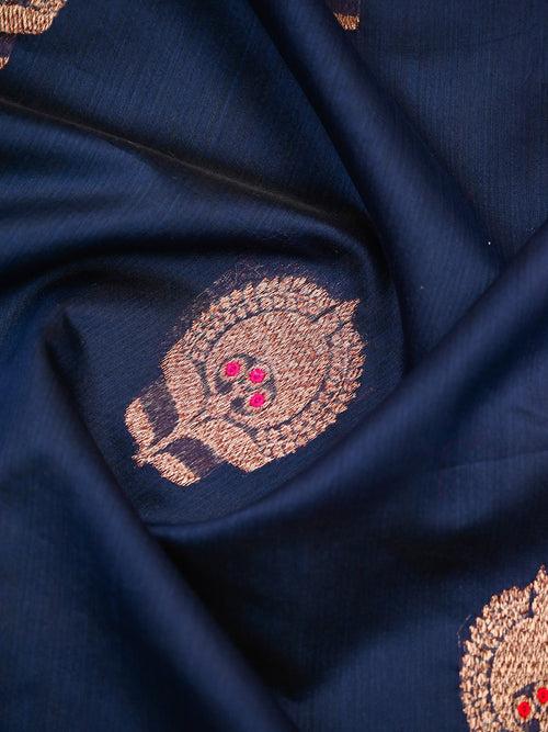 Navy Blue Meenakari Boota Chanderi Silk Handloom Banarasi Saree