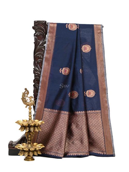 Navy Blue Meenakari Boota Chanderi Silk Handloom Banarasi Saree