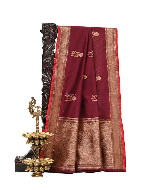 Wine Meenakari Boota Chanderi Silk Handloom Banarasi Saree