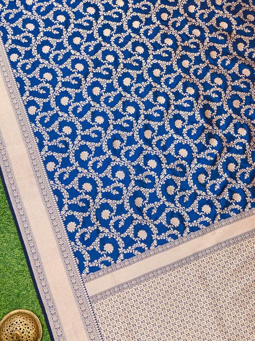 Midnight Blue Jaal Uppada Katan Silk Handloom Banarasi Saree