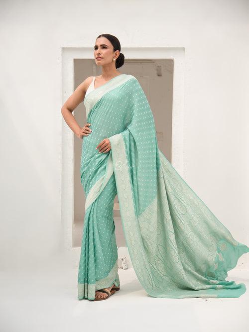 Sea Green Booti Crepe Silk Handloom Banarasi Saree