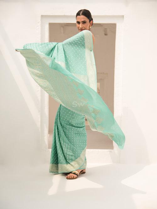 Sea Green Booti Crepe Silk Handloom Banarasi Saree