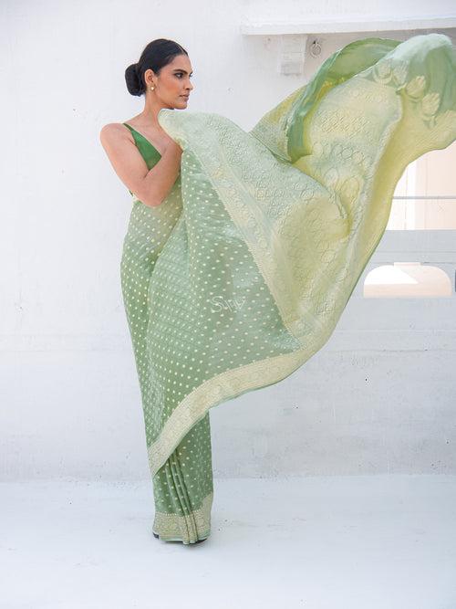 Dark Green Booti Crepe Silk Handloom Banarasi Saree