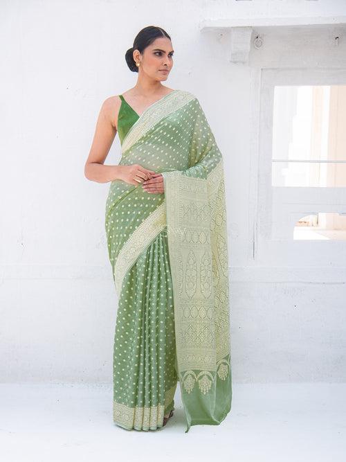 Dark Green Booti Crepe Silk Handloom Banarasi Saree