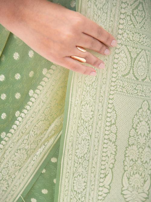 Dark Green Booti Crepe Silk Handloom Banarasi Saree