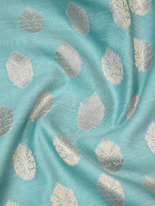 Pastel Teal Zari Booti Cotton Silk Handloom Banarasi Suit