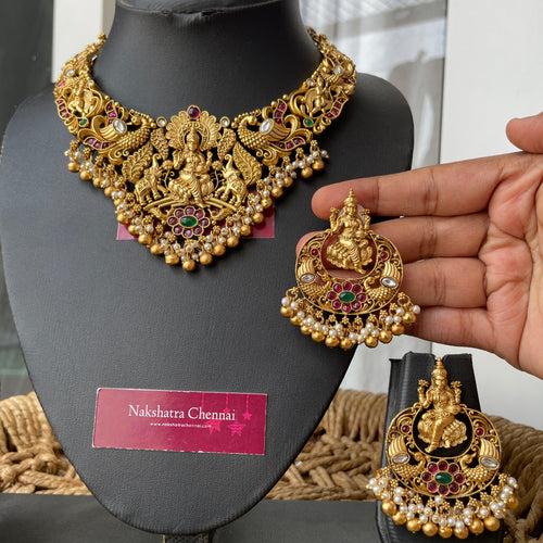 Premium Gold Matte Goddess Intricate Detailing Short Chain with Chandbali Set