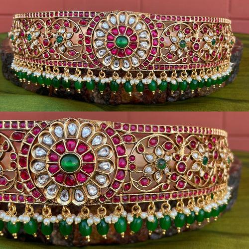 Premium Non-Idol Floral Grand Hip belt with Green Beads