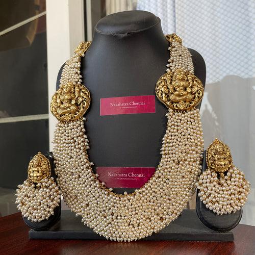 Premium Pearl Bunch Goddess Grand Haram Bridal Set