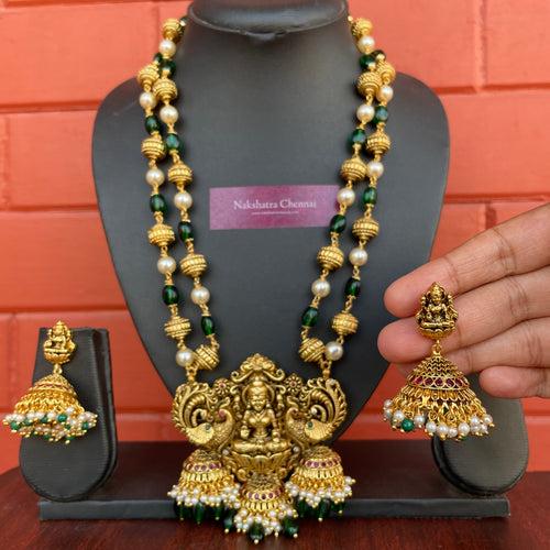 Premium Antique Goddess Green Beads Grand Haram Set