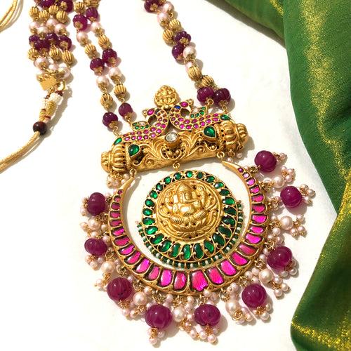 Kundan Jadau Grand Ganesha Haram Neckpiece with maroon beads