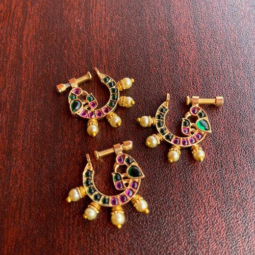 Premium Micro Gold polished Real kemp Peacock Nose Nath with pearls - Ruby & Green