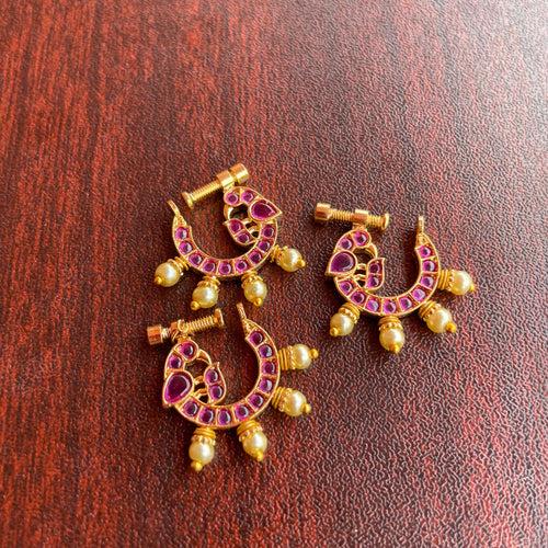 Micro gold polished Peacock Nose Nath with Pearls - Full Ruby Pink