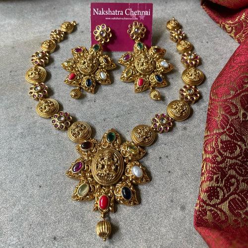 Premium Antique Polish Navratna Lakshmi Short Chain Set