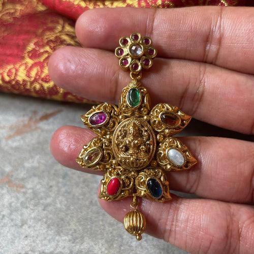 Premium Antique Polish Navratna Lakshmi Short Chain Set