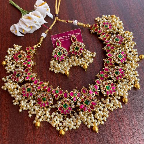 Kundan jadau Grand Pearl Bunch Bridal Necklace Set