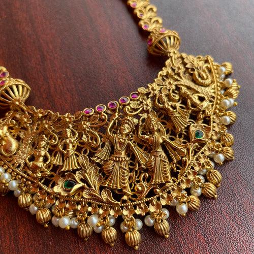 Premium Antique Matte Intricate Details Radha Krishna Short Haram Set