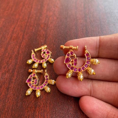 Micro gold polished Peacock Nose Nath with Pearls - Full Ruby Pink