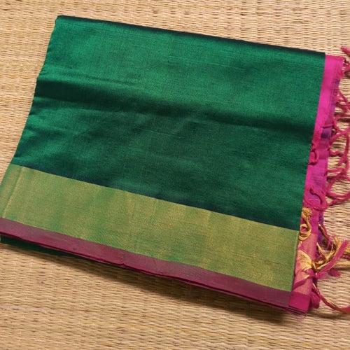 Bottle Green handwoven silk cotton Saree with contrast hot pink pallu