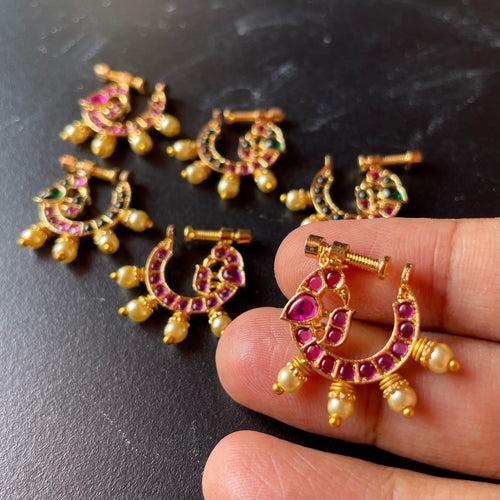 Micro gold polished Peacock Nose Nath with Pearls - Full Ruby Pink