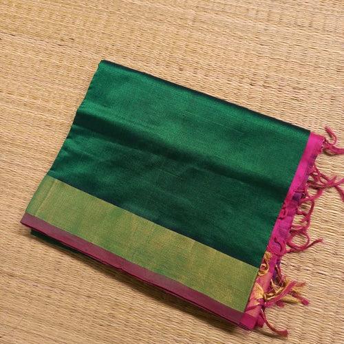 Bottle Green handwoven silk cotton Saree with contrast hot pink pallu