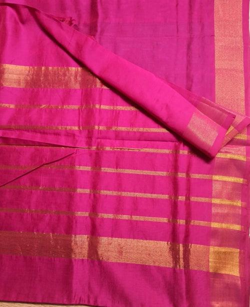 Bottle Green handwoven silk cotton Saree with contrast hot pink pallu