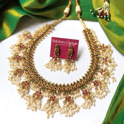 Rice Pearls Antique Grand Peacock Guttapusalu Short Chain Set