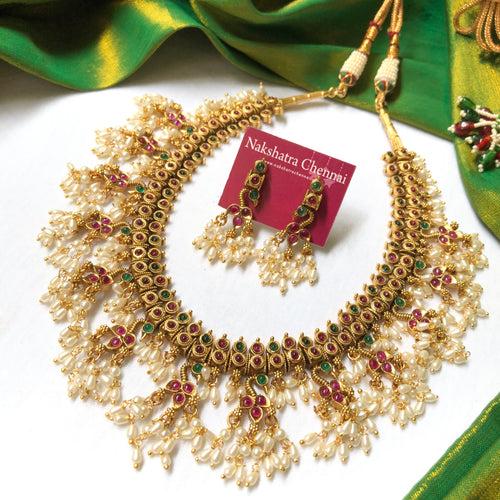 Rice Pearls Antique Grand Peacock Guttapusalu Short Chain Set