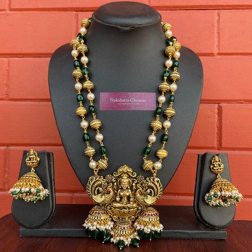 Premium Antique Goddess Green Beads Grand Haram Set