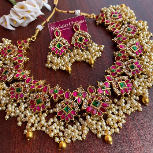 Kundan jadau Grand Pearl Bunch Bridal Necklace Set